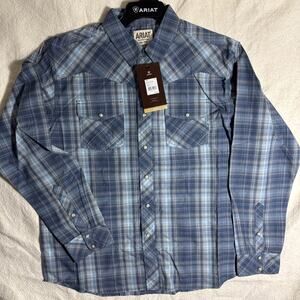 Ariat Shirt Mens XL Blue Gray Plaid OMAR Retro Fit Western Pearl Snap LS NWT